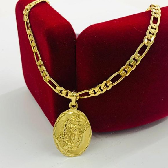 Yellow Gold Filled Virgen de Guadalupe Necklace Figaro Chain 24" for Mens Jewel - Picture 1 of 6